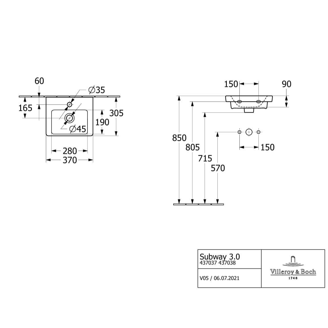 Villeroy & Boch Cloakroom Basin Villeroy & Boch Subway 3.0 Cloakroom Basin with Overflow in White Alpin