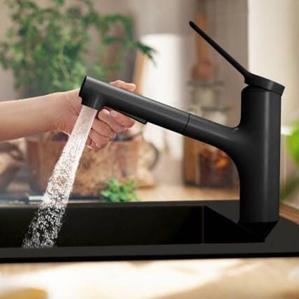 Hansgrohe Kitchen Tap Matt Black Hansgrohe Zesis M33 Single Lever Kitchen Mixer Tap 160 with Pull-Out Spray