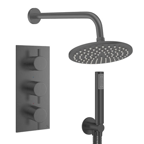 Crosswater Concealed Shower Set Slate / Wall Arm / 200mm Crosswater Design 3 Handle 2 Outlet Shower Set 7 with Pencil Handset and Rainfall Shower Head