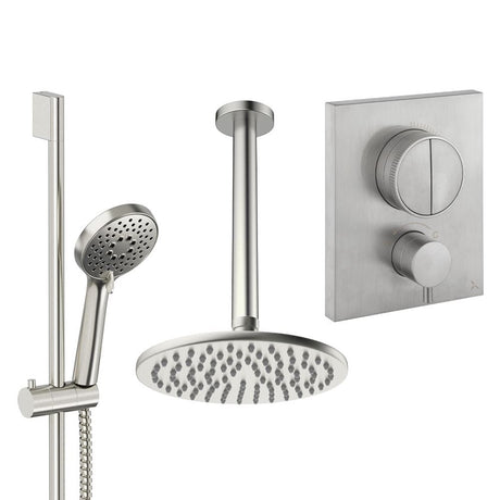 UK Bathroom Store Concealed Shower Set Brushed Nickel / Ceiling Arm / 200mm Crosswater Crossbox Push Shower Set 2 - 2 Outlet with Fixed Overhead Shower and Slide Rail Kit