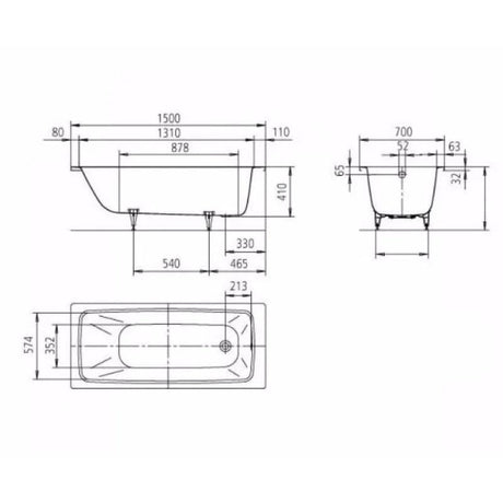 Kaldewei Single Ended Bath 1500mm x 700mm / 0 Kaldewei Cayono Single Ended Steel Bath with Leg Set