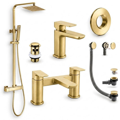 Aquarius Bathrooms Exposed Shower Set Brushed Brass Aquarius Hydro Complete Shower Brassware Pack with Basin Mixer, Bath Mixer & Round Exposed Shower