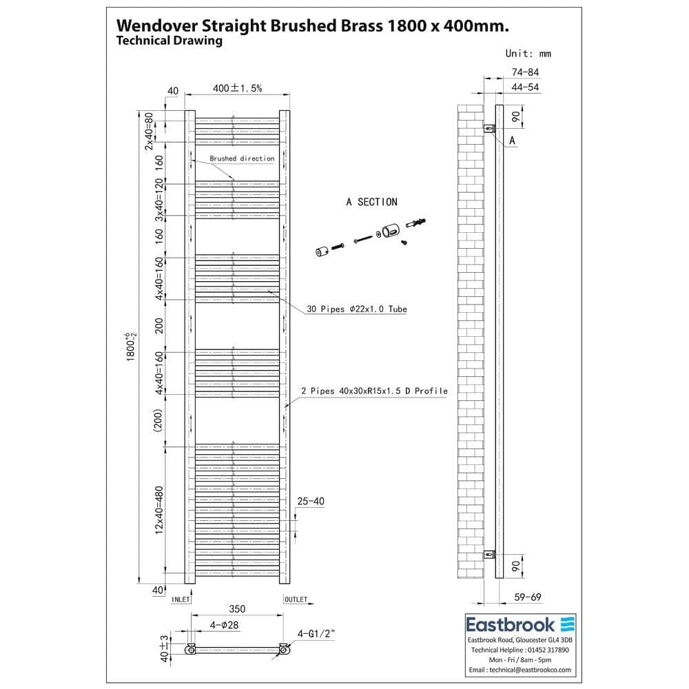Eastbrook Wendover Straight Heated Towel Rail in Brushed Brass
