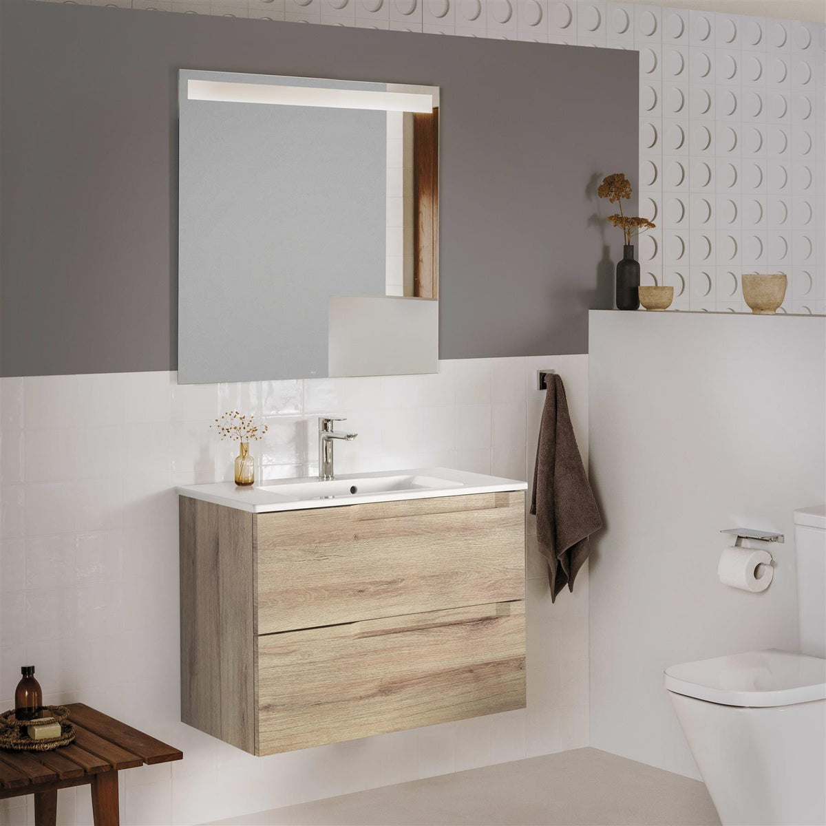Roca Wall Mounted Vanity Unit Beige Wood Roca Aleyda Compact 800mm Wall Mounted Two Drawer Vanity Unit with Basin
