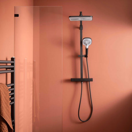 JTP Exposed Shower Set Matt Black JTP HIX Thermostatic Shower Bar Valve with Adjustable Riser, Shower Head and Handset