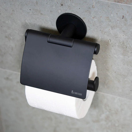 Smedbo Toilet Roll Holder Matt Black Smedbo Dot Self-Adhesive Toilet Roll Holder with Cover