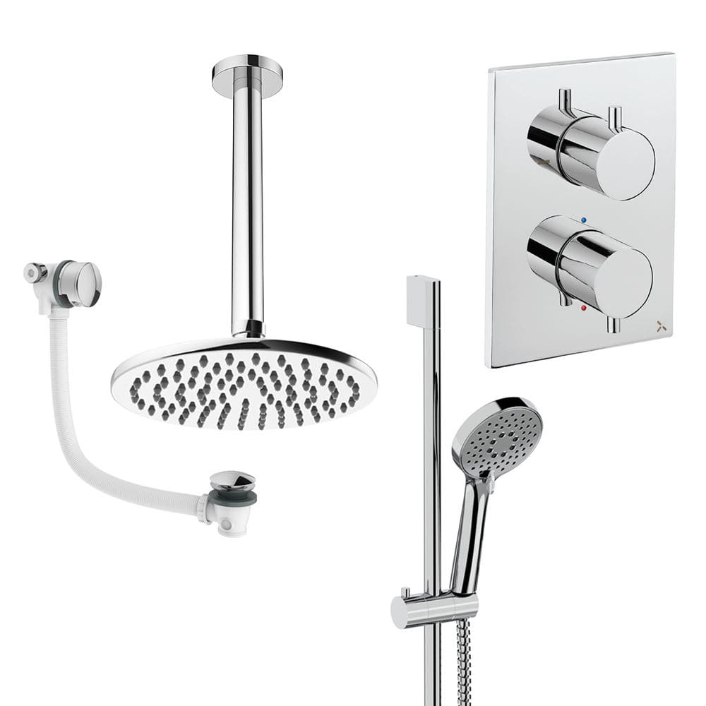 UK Bathroom Store Concealed Shower Set Chrome / Ceiling Arm / 300mm Crosswater Crossbox Shower Set 10 - 3 Outlet with Fixed Overhead Shower, Slide Rail Kit and Overflow Bath Filler Waste