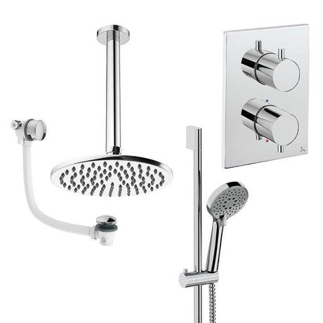 UK Bathroom Store Concealed Shower Set Chrome / Ceiling Arm / 300mm Crosswater Crossbox Shower Set 10 - 3 Outlet with Fixed Overhead Shower, Slide Rail Kit and Overflow Bath Filler Waste