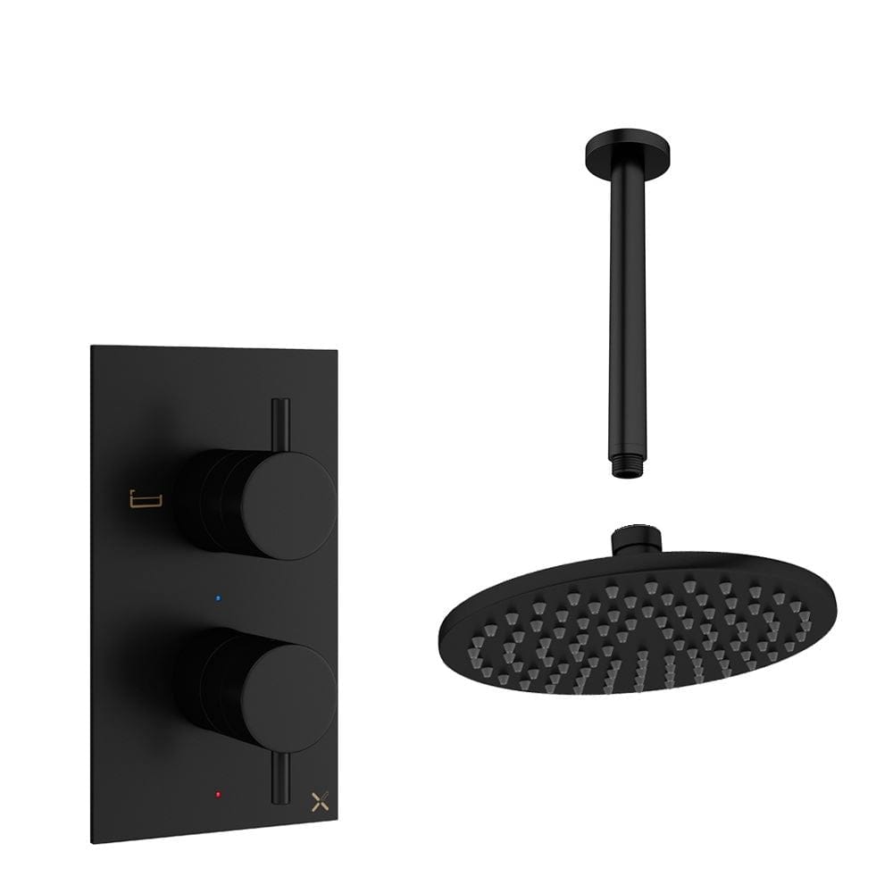 Crosswater Concealed Shower Set Matt Black / Ceiling Arm / 200mm Crosswater Design 2 Handle 1 Outlet Shower Set