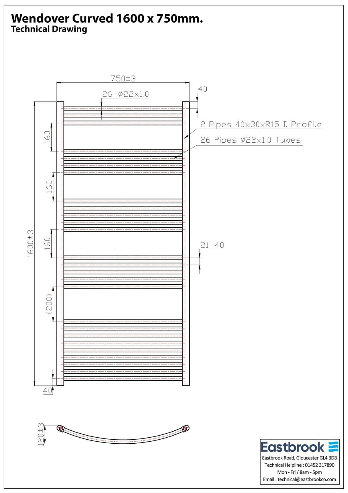 Eastbrook Ladder Rail Eastbrook Wendover Curved Vertical Heated Towel Rail - 1600 x 750mm in Chrome
