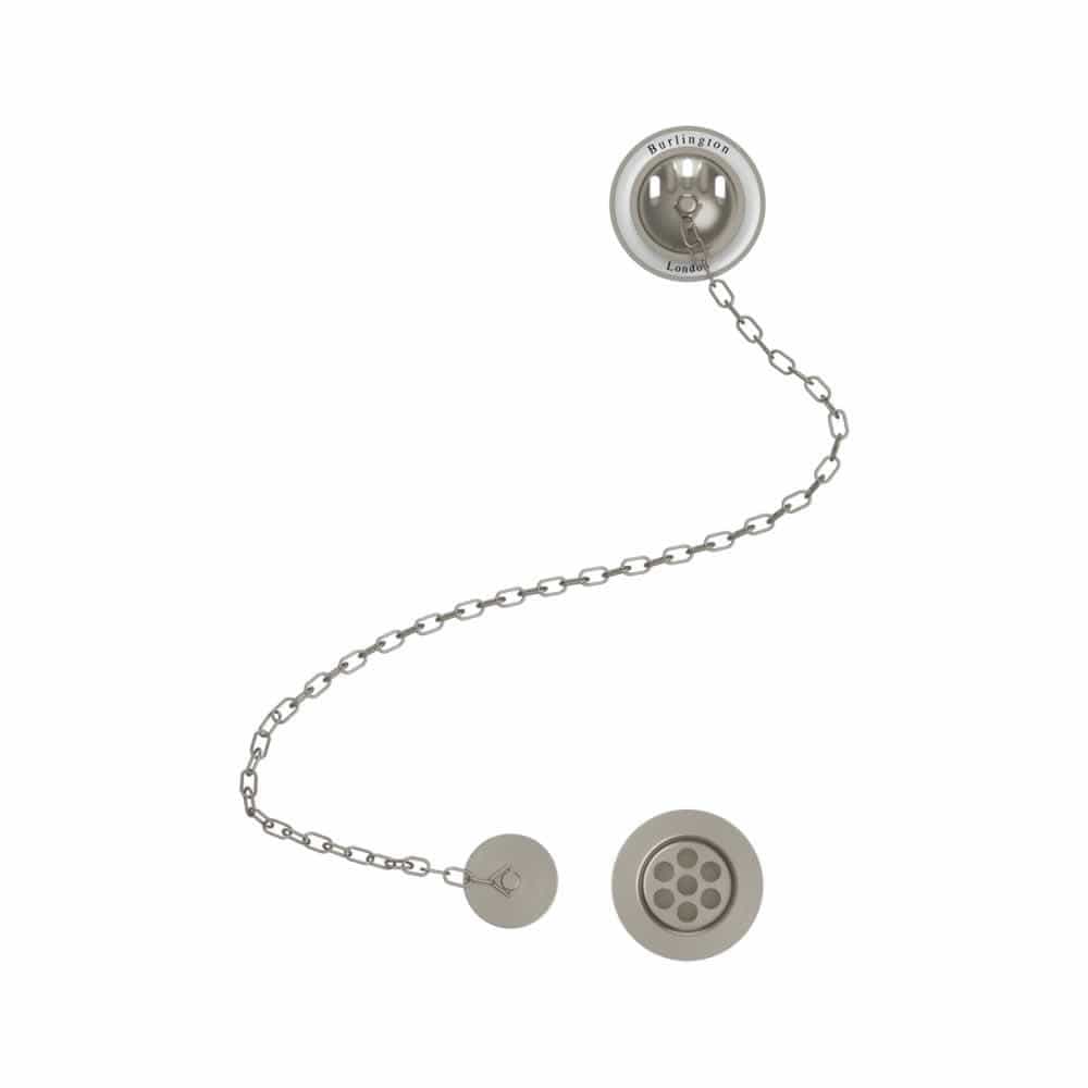 Burlington Bath Waste Brushed Nickel  with White Ceramic Burlington Bath Overflow, Plug and Chain Waste