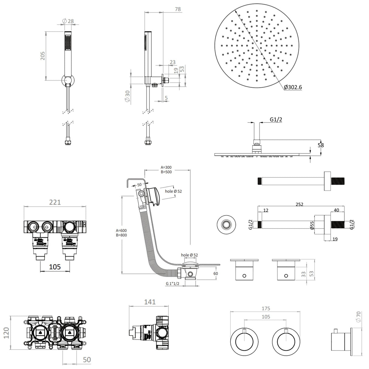 UK Bathroom Store Concealed Shower Set Crosswater Module Shower Set 6 - 3 Outlet with Overhead Shower, Handset and Overflow Bath Filler