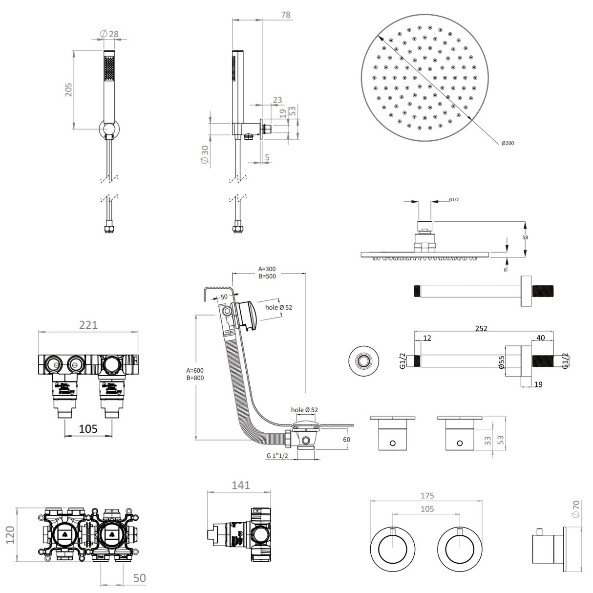 UK Bathroom Store Concealed Shower Set Crosswater Module Shower Set 6 - 3 Outlet with Overhead Shower, Handset and Overflow Bath Filler