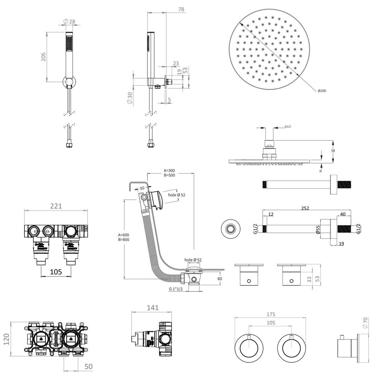 UK Bathroom Store Concealed Shower Set Crosswater Module Shower Set 6 - 3 Outlet with Overhead Shower, Handset and Overflow Bath Filler