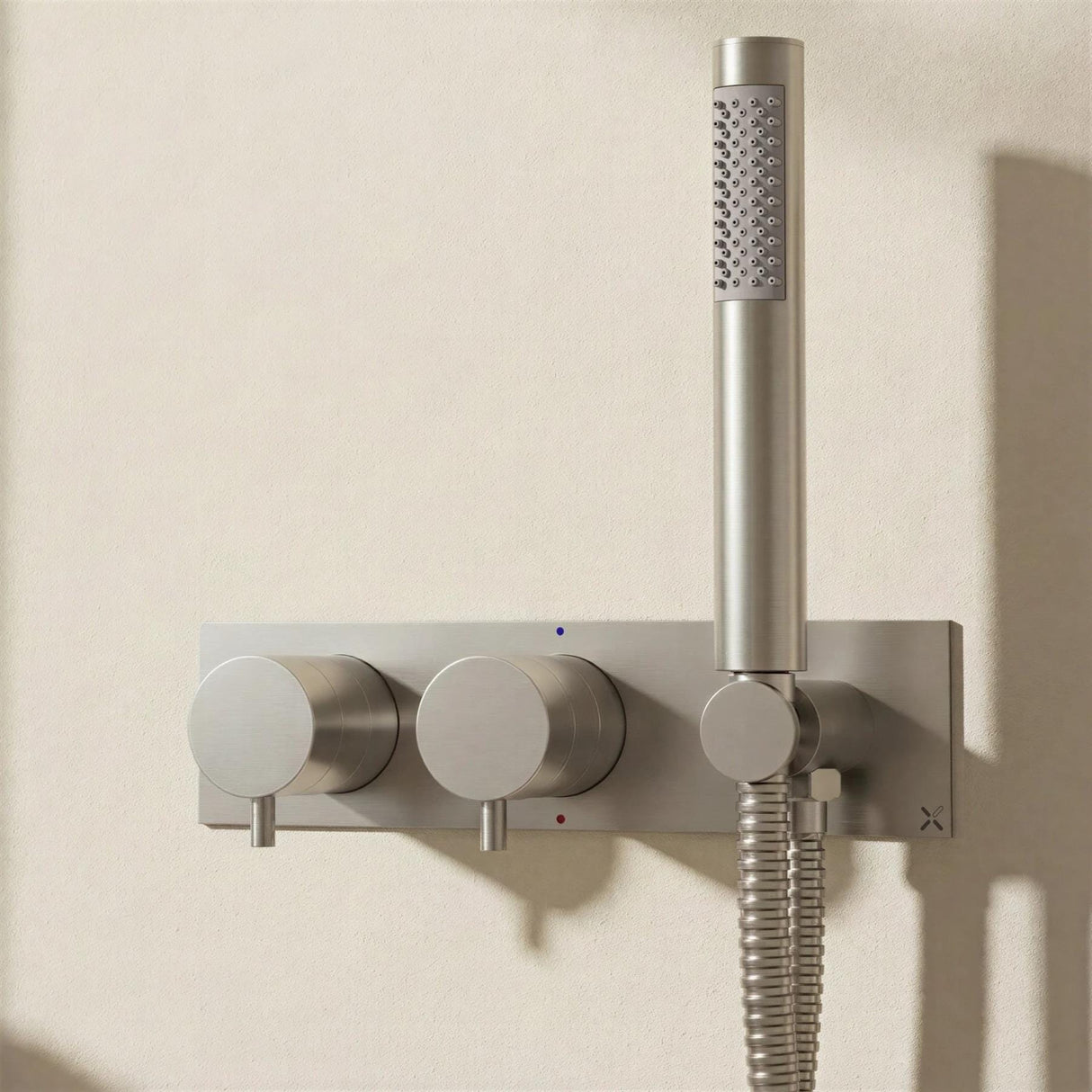 Crosswater Concealed Shower Valve Brushed Nickel Crosswater MPRO 2 Outlet, 2 Handle Horizontal Concealed Thermostatic Shower Valve with Handset