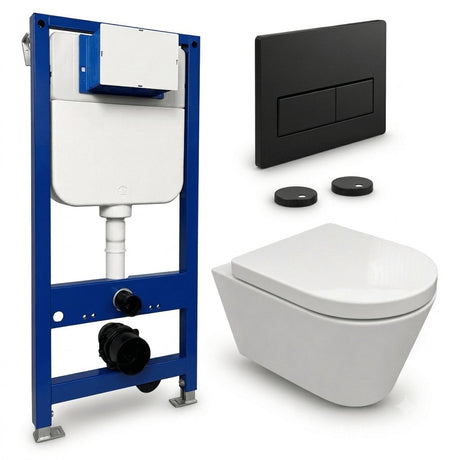 Aquarius Bathrooms Wall Hung Toilet Matt Black / Square Aquarius Urbano Rimless Wall Hung Toilet Pack with Frame, Flush Plate, Soft Closing Seat and Hinge Covers