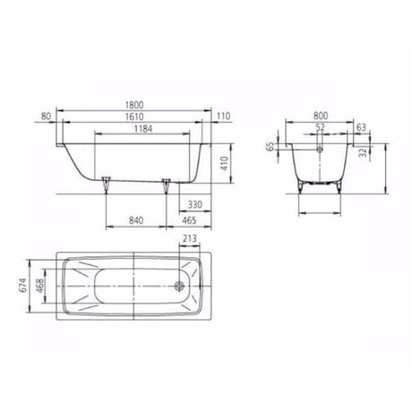 Kaldewei Single Ended Bath 1800mm x 800mm / 2 Kaldewei Cayono Single Ended Steel Bath with Leg Set