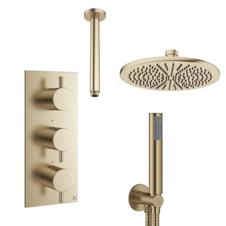 Crosswater Concealed Shower Set Brushed Brass / Ceiling Arm / 300mm Crosswater Design 3 Handle 2 Outlet Shower Set 7 with Pencil Handset and Rainfall Shower Head