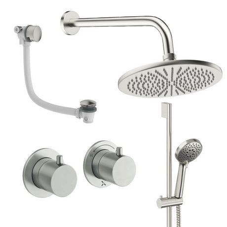 UK Bathroom Store Concealed Shower Set Brushed Nickel / Wall Arm / 300mm Crosswater Module Shower Set 7 - 3 Outlet with Riser Rail Kit, Overhead Shower and Overflow Bath Filler