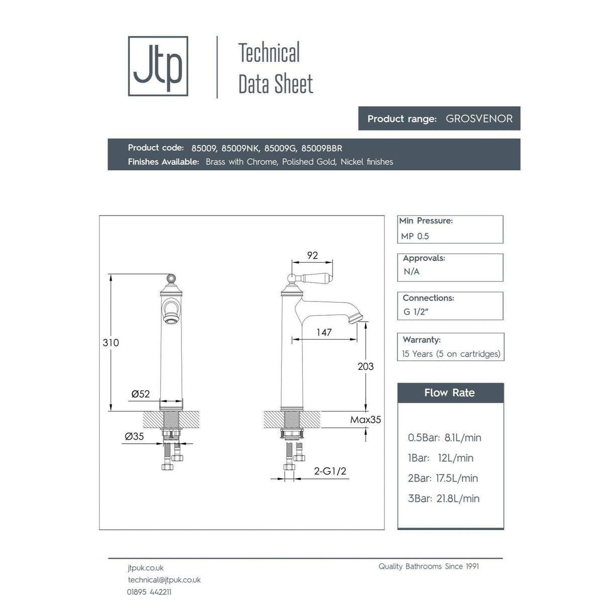 JTP Tall Basin Tap JTP Grosvenor Single Lever Tall Basin Mixer Tap with Clicker Waste