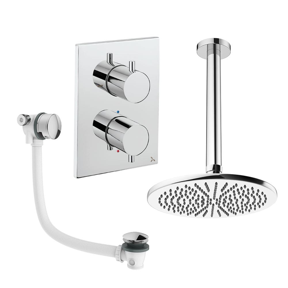 UK Bathroom Store Concealed Shower Set Chrome / Ceiling Arm / 300mm Crosswater Crossbox Shower Set 7 - 2 Outlet with Fixed Overhead Shower and Overflow Bath Filler Waste