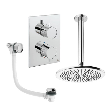 UK Bathroom Store Concealed Shower Set Chrome / Ceiling Arm / 300mm Crosswater Crossbox Shower Set 7 - 2 Outlet with Fixed Overhead Shower and Overflow Bath Filler Waste