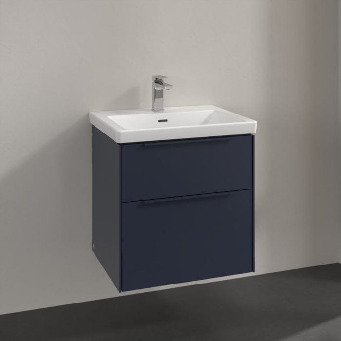 Villeroy & Boch Wall Mounted Vanity Unit Marine Blue with Monochrome Handles Villeroy & Boch Subway 3.0 Wall Hung 600mm Two Drawer Vanity Unit with Basin