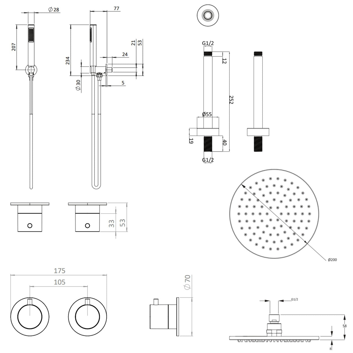 UK Bathroom Store Concealed Shower Set Crosswater Module Shower Set 1 with Fixed Head and Pencil Handset