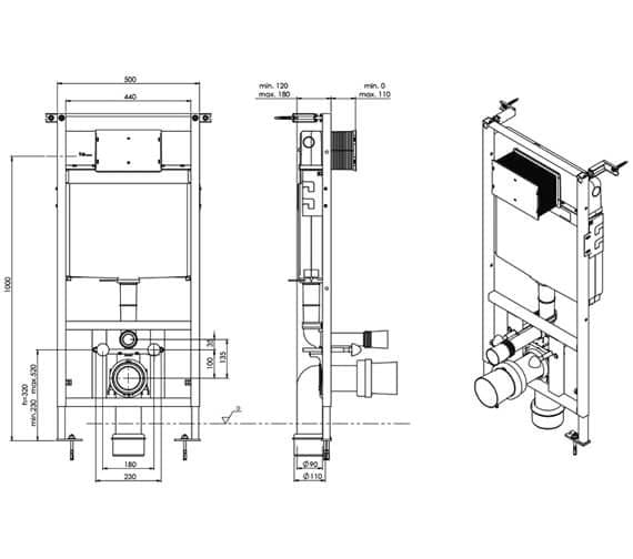 Saneux Wall Hung WC Frame Saneux Flushe 2.0 1140mm Universal Framed Cistern with Front Flush - FL2022