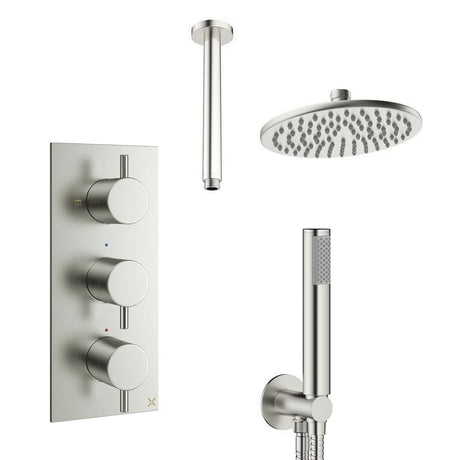 Crosswater Concealed Shower Set Brushed Nickel / Ceiling Arm / 200mm Crosswater Design 3 Handle 2 Outlet Shower Set 7 with Pencil Handset and Rainfall Shower Head