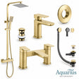 Aquarius Bathrooms Exposed Shower Set Brushed Brass Aquarius Hydro Complete Shower Brassware Pack with Basin Mixer, Bath Mixer & Round Exposed Shower
