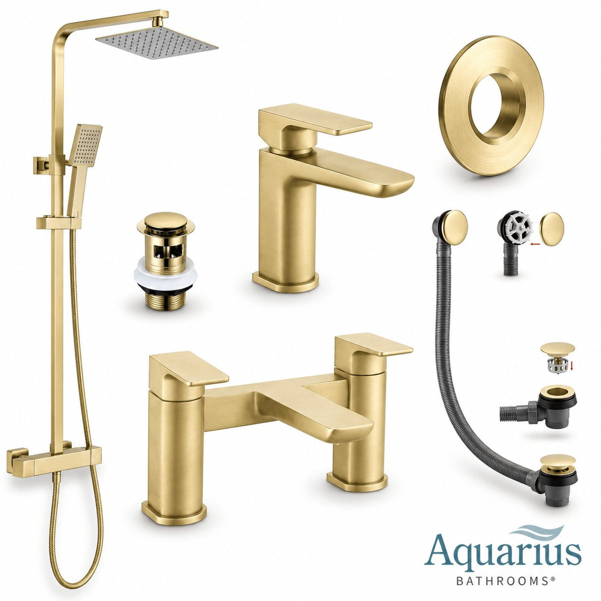 Aquarius Bathrooms Exposed Shower Set Brushed Brass Aquarius Hydro Complete Shower Brassware Pack with Basin Mixer, Bath Mixer & Round Exposed Shower