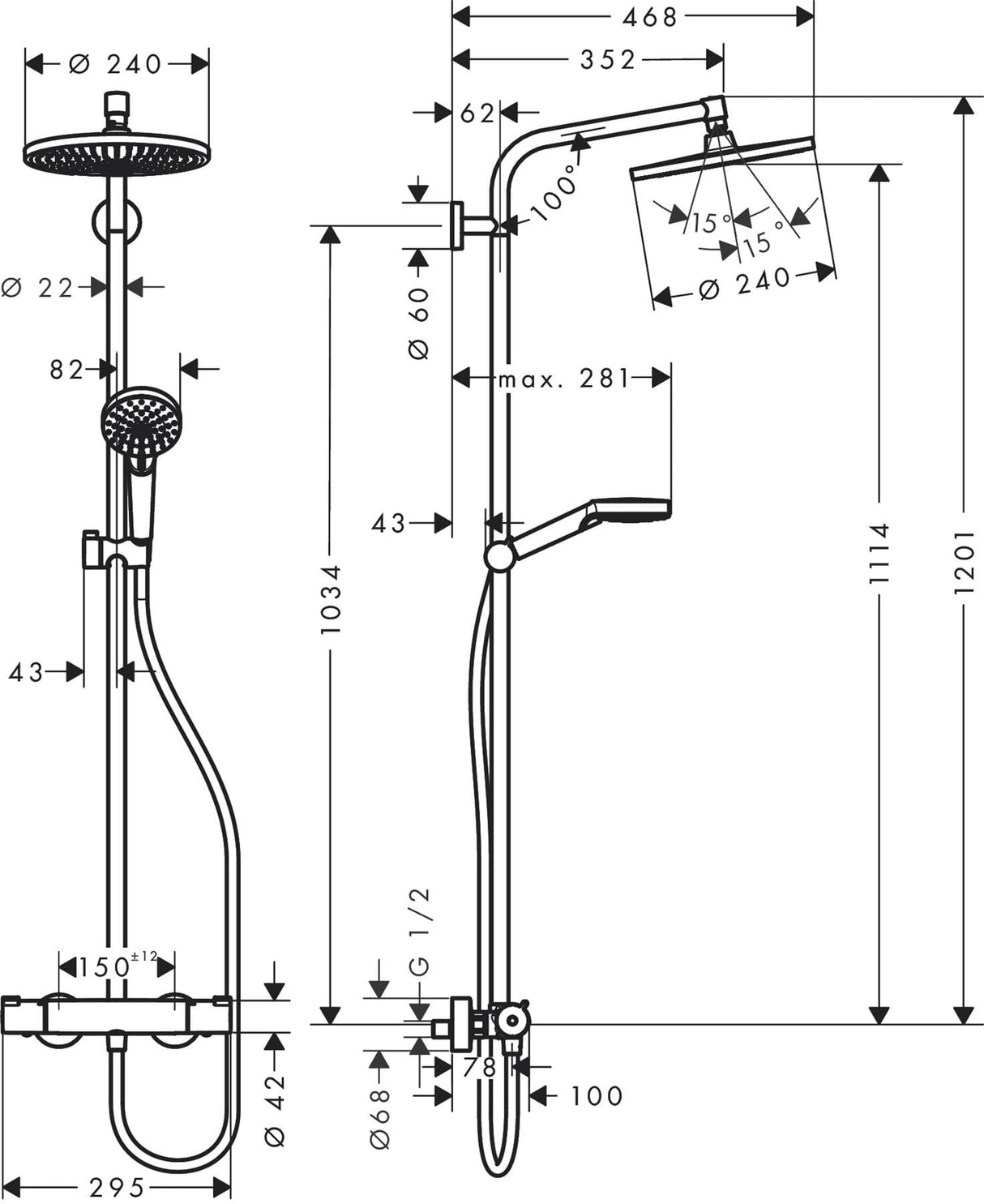 Hansgrohe Exposed Shower Set Hansgrohe Crometta S Exposed Thermostatic Shower Set with Fixed Shower Head and Handset in Chrome