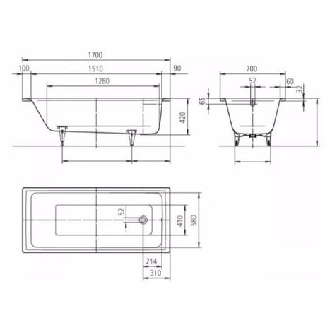 Kaldewei Single Ended Bath 1700 x 700mm / 0 Kaldewei Puro Single Ended Steel Bath with Leg Set