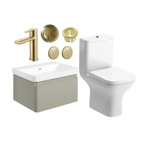 Aquarius Bathrooms Suites Matt Latte / Brushed Brass Aquarius Sophie 605mm Wall Hung Vanity Unit, Close Coupled Toilet, Tap and Fittings Bundle
