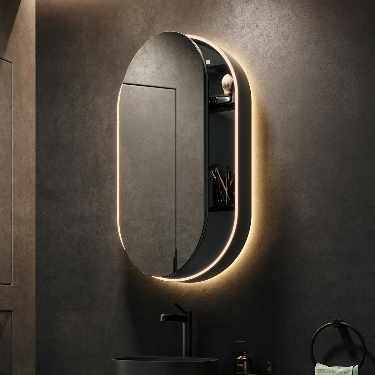 hib. Mirrored Cabinet Black hib. Romana Pill LED Illuminated Mirror Cabinet
