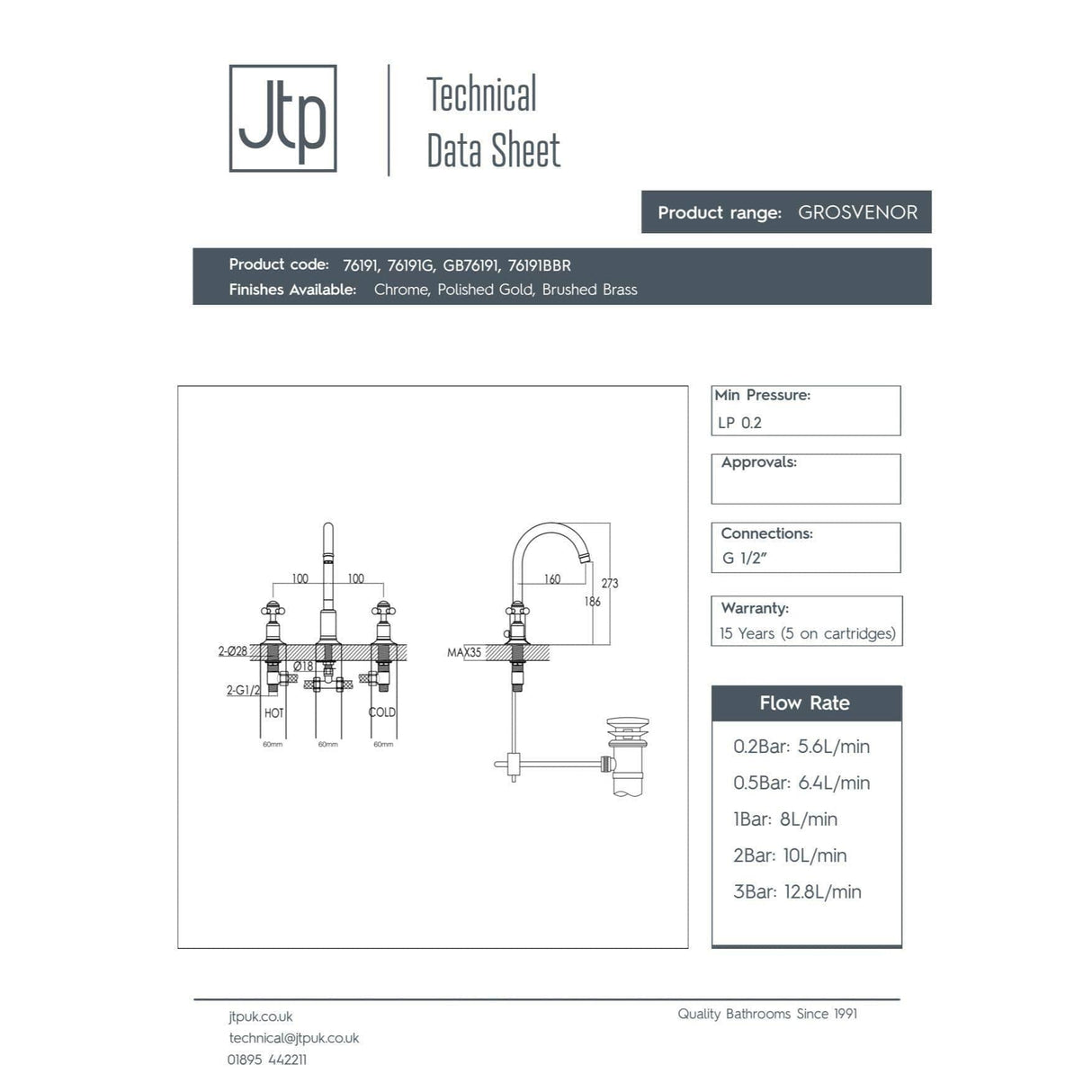 JTP 3 Tap Hole Basin Set JTP Grosvenor Cross 3 Hole Basin Mixer Tap with Swivel Spout and Pop Up Waste
