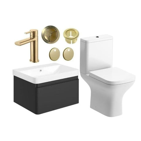 Aquarius Bathrooms Suites Matt Black / Brushed Brass Aquarius Sophie 605mm Wall Hung Vanity Unit, Close Coupled Toilet, Tap and Fittings Bundle