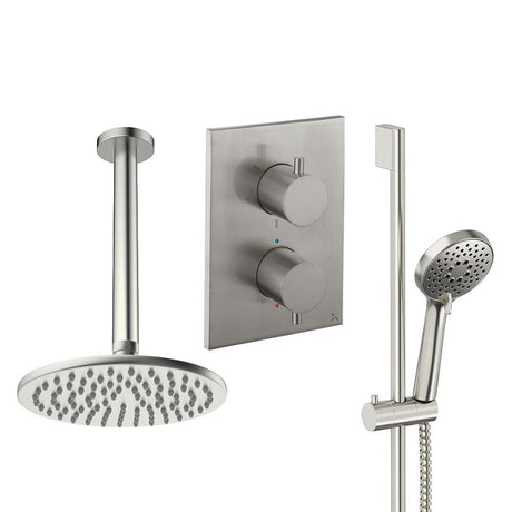 UK Bathroom Store Concealed Shower Set Brushed Nickel / Ceiling Arm / 200mm Crosswater Crossbox Shower Set 4 - 2 Outlet with Riser Rail Kit and Fixed Overhead Showerhead