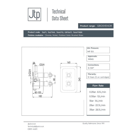 JTP Concealed Shower Valve JTP Grosvenor Cross 2 Outlet, 2 Handle, Thermostatic Vertical Concealed Thermostatic Shower Valve