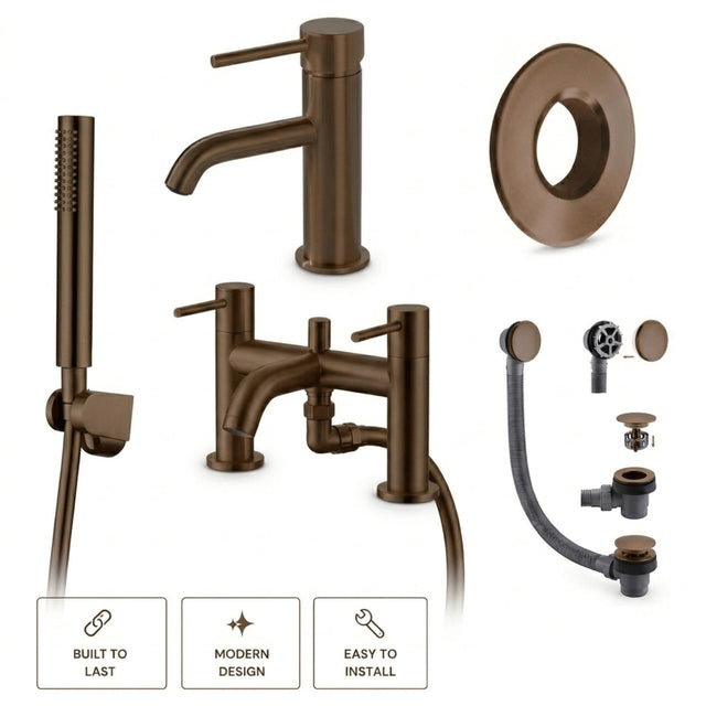 Aquarius Bathrooms Bath Shower Mixer Brushed Bronze Aquarius RF-Series Complete Bath and Basin Brassware Pack with Basin Tap, Bath and Shower Mixer and Wastes