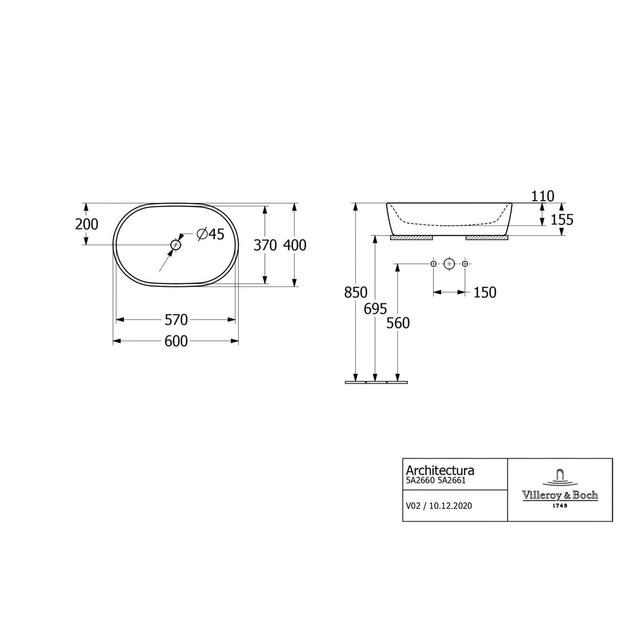 Villeroy & Boch Countertop Basin Villeroy & Boch Architectura Oval 600mm Countertop Basin (with Overflow) in Alpin White