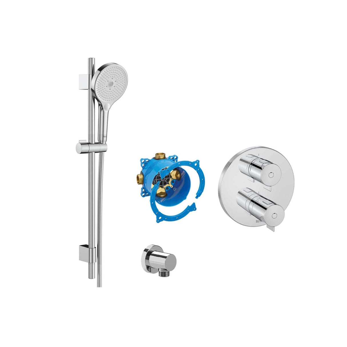 Roca Concealed Shower Set Chrome Roca T-500 Round Thermostatic Concealed Shower Valve with with Shower Handset and Slide Rail Set
