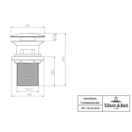 Villeroy and Boch Basin Waste Villeroy & Boch Universal Push to Open Slotted Basin Waste
