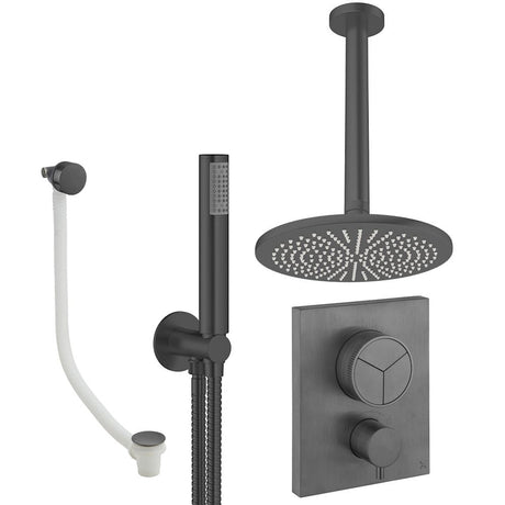 UK Bathroom Store Concealed Shower Set Slate / Ceiling Arm / 300mm Crosswater Crossbox Push Shower Set 7 - 3 Outlet with Fixed Overhead Shower, Pencil Handset and Overflow Bath Filler Waste
