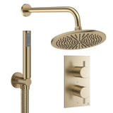 Crosswater Concealed Shower Set Brushed Brass / Wall Arm / 300mm Crosswater Design 2 Handle 2 Outlet Thermostatic Shower Set with Rainfall Head and Pencil Handset