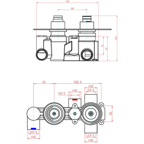 Sagittarius Concealed Shower Valve Sagittarius Ergo Lever 2 Outlet, 2 Handle Concealed Thermostatic Shower Valve