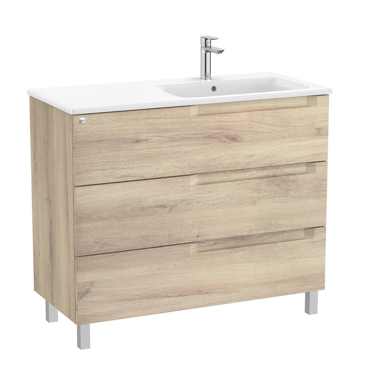 Roca Floor Standing Vanity Unit Beige Wood / Right Hand Roca Aleyda 1000mm Floor Standing Three Drawer Vanity Unit with Basin