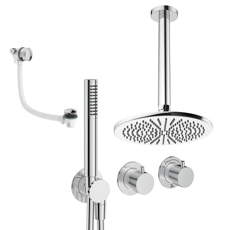 UK Bathroom Store Concealed Shower Set Chrome / Ceiling Arm / 300mm Crosswater Module Shower Set 9 - 3 Outlet with Pencil Handset, Overhead Shower and Overflow Filler