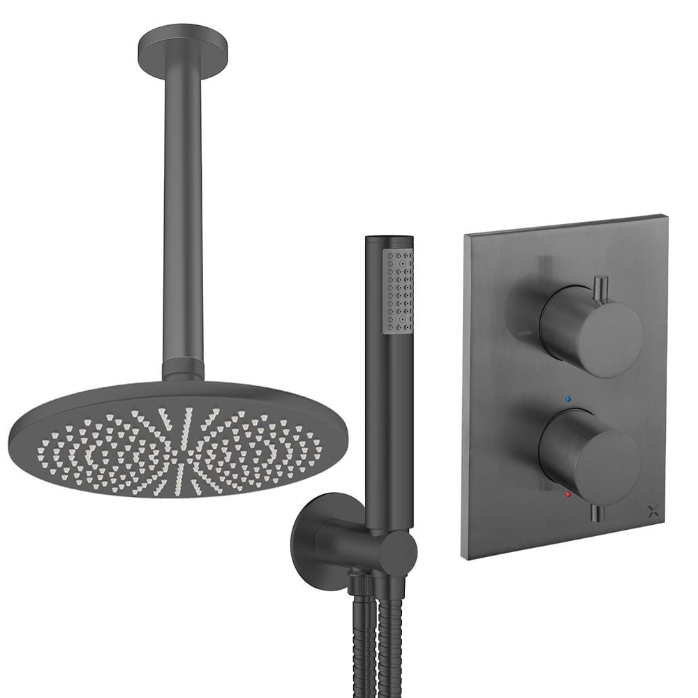 UK Bathroom Store Concealed Shower Set Slate / Ceiling Arm / 300mm Crosswater Crossbox Shower Set 3 - 2 Outlet with Pencil Handset and Fixed Overhead Shower